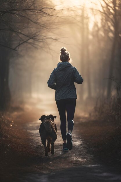 illustrazione donna che corre con un cane ai generativo