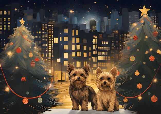 Illustrazione due cani attorno a un albero di Natale sullo sfondo grattacieli urbani notte carta di Natale come simbolo del ricordo della nascita del Salvatore