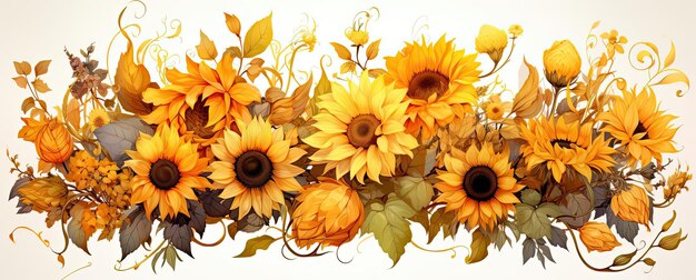 illustrazione e clipart di girasoli di diverse sfumature con foglie in stile krenz