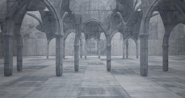 Illustrazione e rendering 3D di interni gotici in calcestruzzo astratto