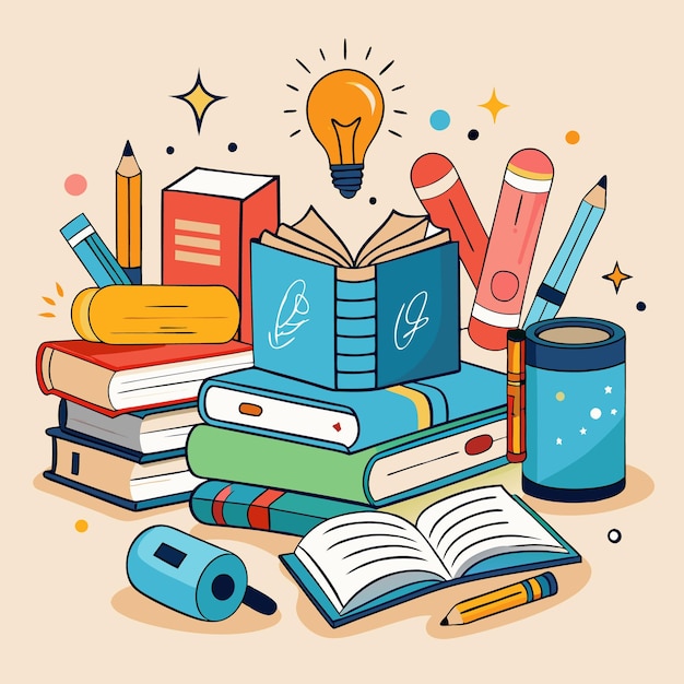 Illustrazione educativa creativa e colorata con libri e materiali scolastici