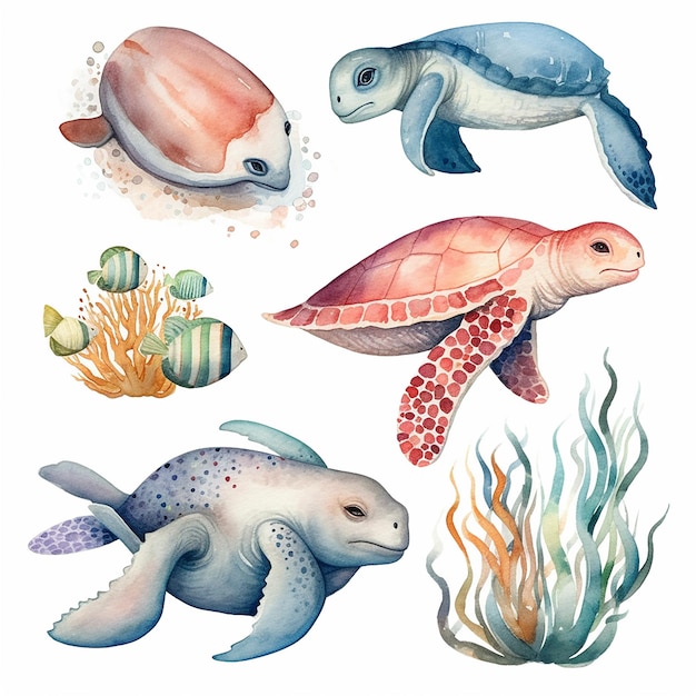 Illustrazione estetica ad acquerello della vita oceanica