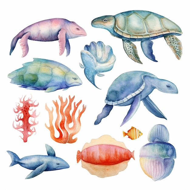Illustrazione estetica ad acquerello della vita oceanica