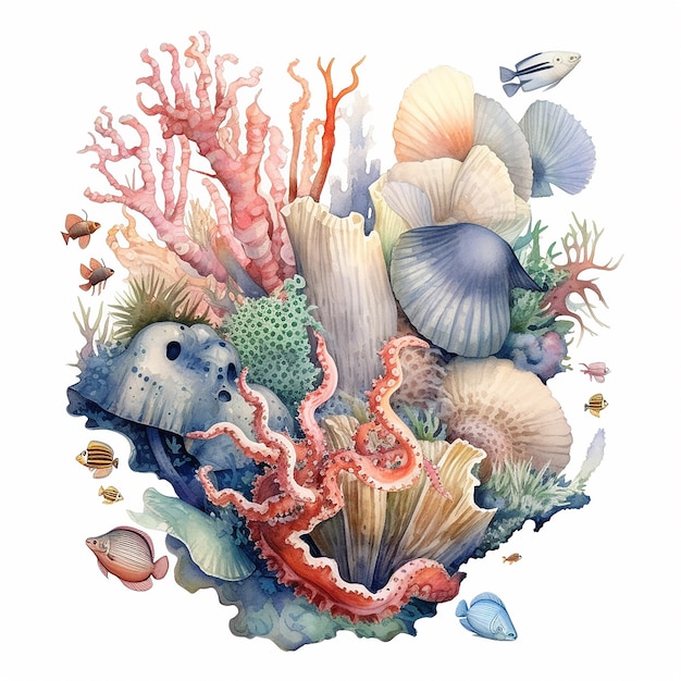 Illustrazione estetica ad acquerello della vita oceanica