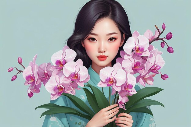 Illustrazione estetica di una donna asiatica che tiene in mano un bouquet di orchidee AI generativa
