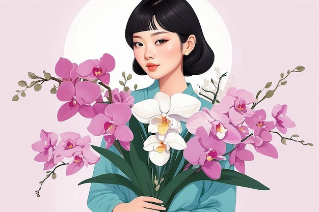 Illustrazione estetica di una donna asiatica che tiene in mano un bouquet di orchidee AI generativa