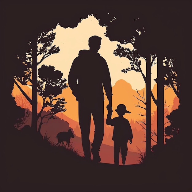 illustrazione famiglia a piedi alberi ombra e tramonto padre e figli