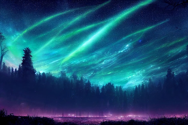 Illustrazione fantasia della foresta al neon Aspetto colorato luminoso come una fiaba