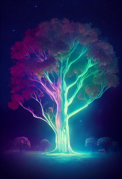 Illustrazione fantasia della foresta al neon Aspetto colorato luminoso come una fiaba