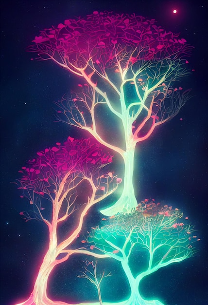 Illustrazione fantasia della foresta al neon Aspetto colorato luminoso come una fiaba