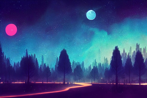 Illustrazione fantasia della foresta al neon Aspetto colorato luminoso come una fiaba