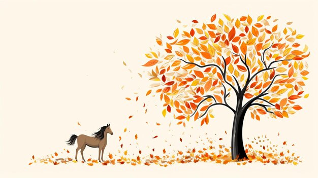 Illustrazione fantasiosa del cavallo con foglie autunnali e albero