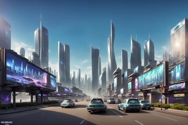 Illustrazione fantasiosa di una futura metropoli che mescola edifici all'avanguardia e cartelloni pubblicitari