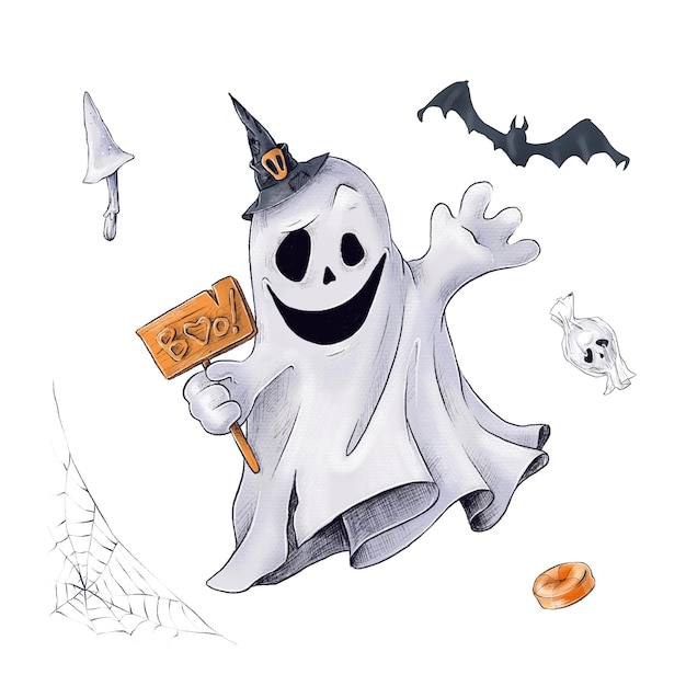 Illustrazione fantasma ed elementi del carattere di halloween