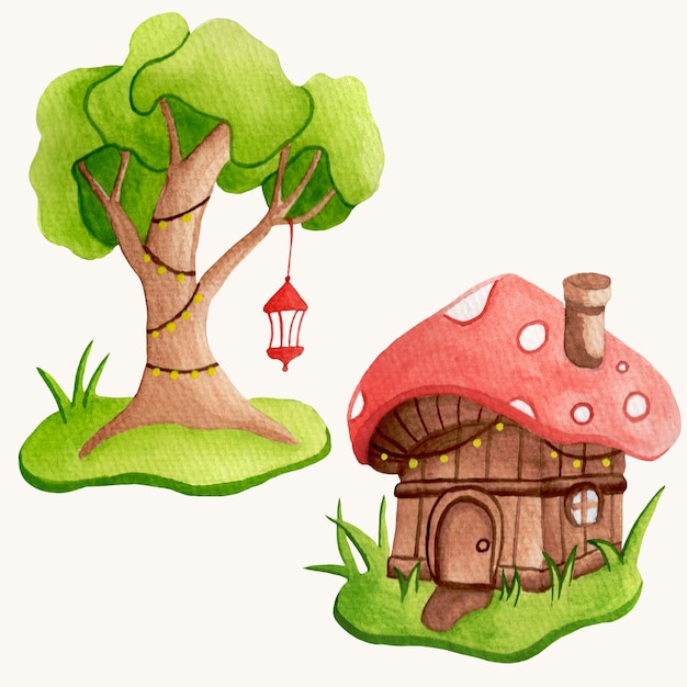 Illustrazione fantastica ad acquerello di un albero con una lanterna e una casa di funghi in una foresta magica