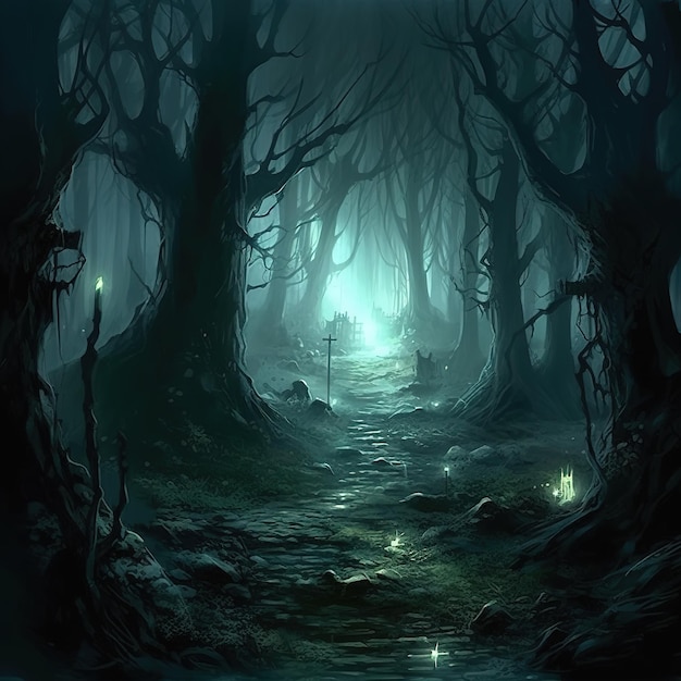 illustrazione fantastica di una grande foresta oscura