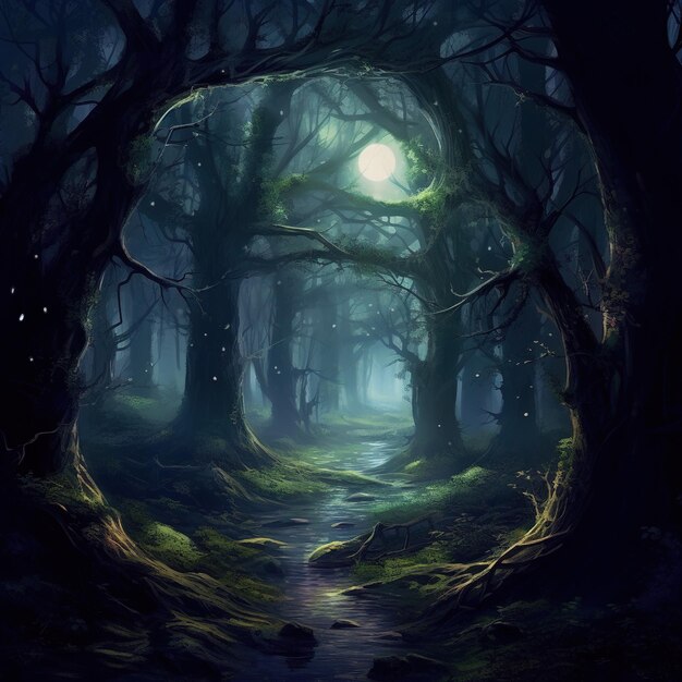 illustrazione fantastica di una grande foresta oscura