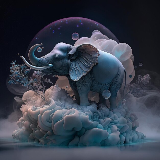 Illustrazione fantastica elefante nella nebbia sullo sfondo della luna