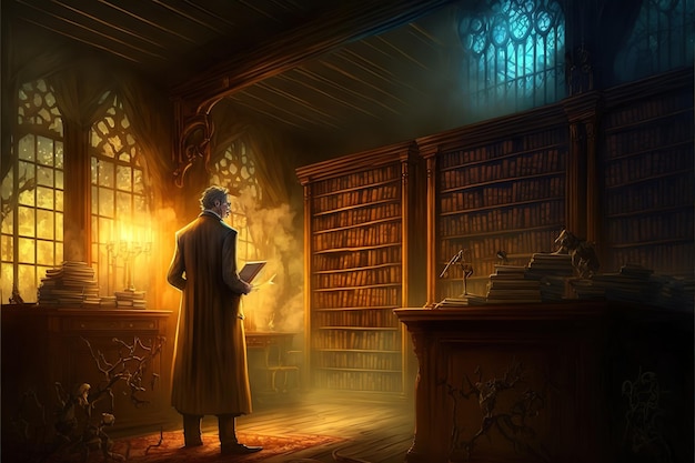 Illustrazione fantasy della biblioteca magica