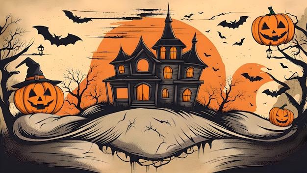 Illustrazione felice dello sfondo di Halloween con pipistrelli e zucche
