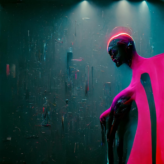 Illustrazione figurativa astratta 3D digitale in stile futuristico Neonoir