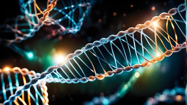 Illustrazione Filamenti di DNA intrecciati con tecnologia avanzata che simboleggiano la sinergia tra la scienza