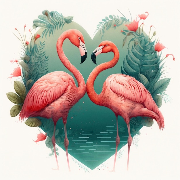 Illustrazione Flamingo a forma di cuore in stagno in amore isolato su sfondo bianco