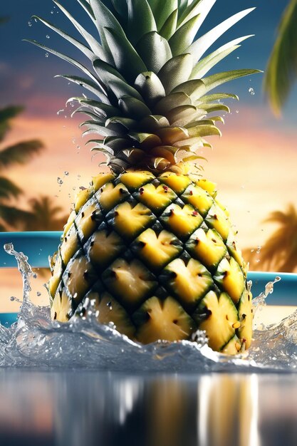 Illustrazione fotografica di ananas con spruzzi d'acqua