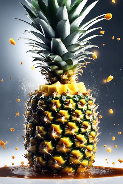 Illustrazione fotografica di ananas con spruzzi d'acqua