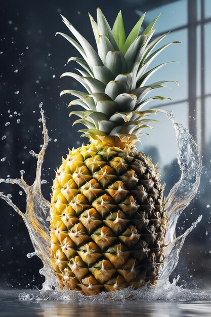Illustrazione fotografica di ananas con spruzzi d'acqua