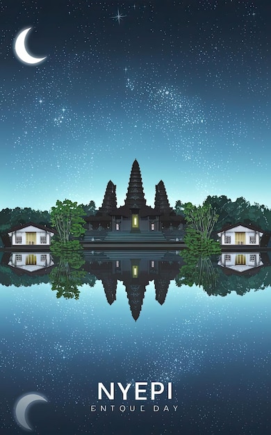 Illustrazione fotografica gratuita per il giorno nyepi con il tempio sotto il cielo stellato che si riflette nell'acqua