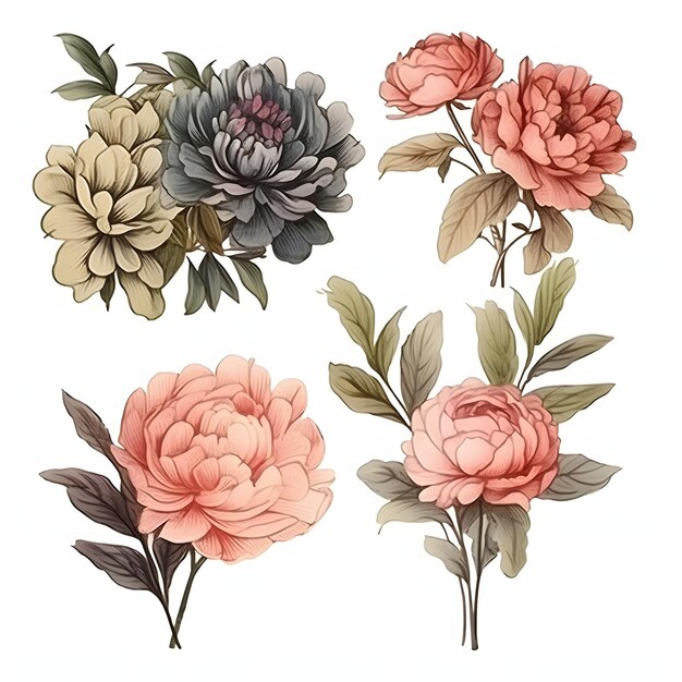 Illustrazione fotografica vintage set di fiori disegnati a mano