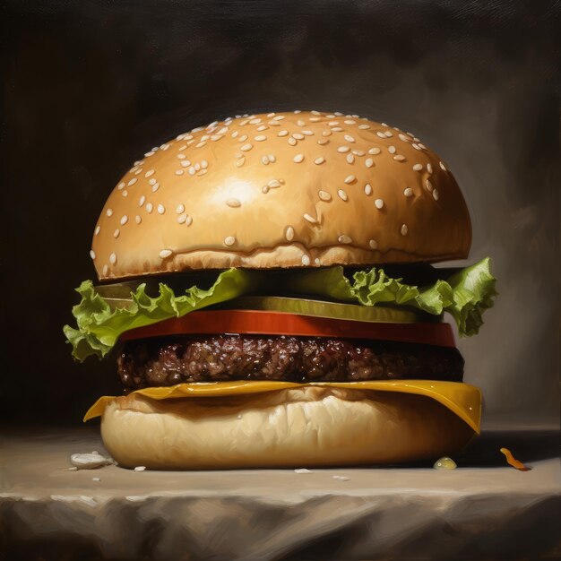 Illustrazione fotorealistica di hamburger succosa su sfondo astratto