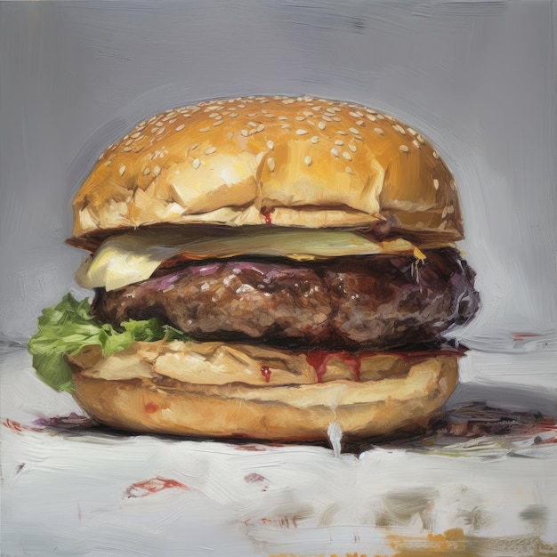 Illustrazione fotorealistica di hamburger succosa su sfondo astratto