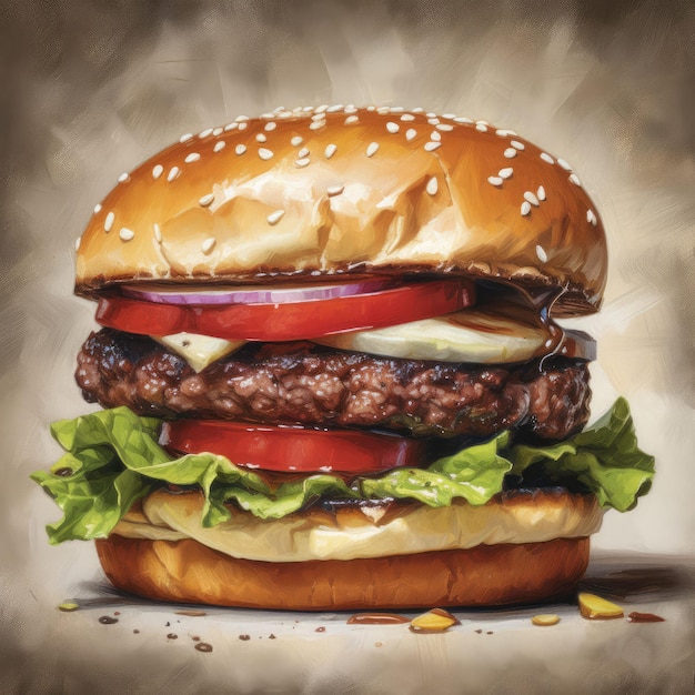 Illustrazione fotorealistica di hamburger succosa su sfondo astratto