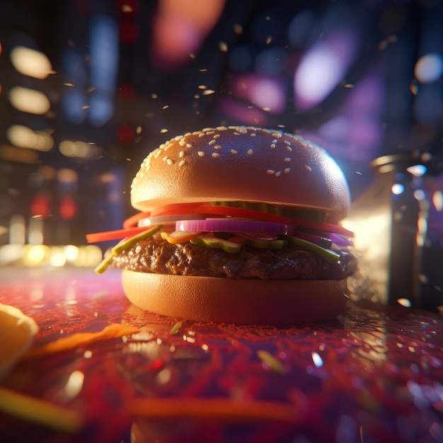 Illustrazione fotorealistica di hamburger succosa su sfondo astratto