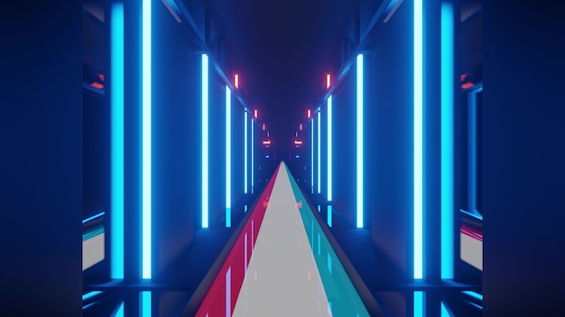 Illustrazione futuristica al neon 3d del corridoio con il pavimento della bandiera del Lussemburgo in 4K UHD
