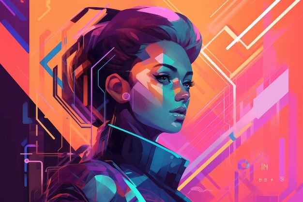 Illustrazione futuristica astratta e retrò della donna robot con effetto neon laser a più colori