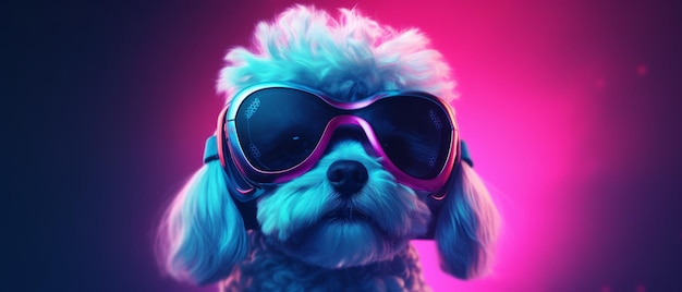 Illustrazione futuristica Cane barboncino maltese con occhiali VR