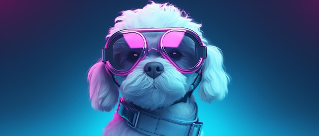 Illustrazione futuristica Cane barboncino maltese con occhiali VR