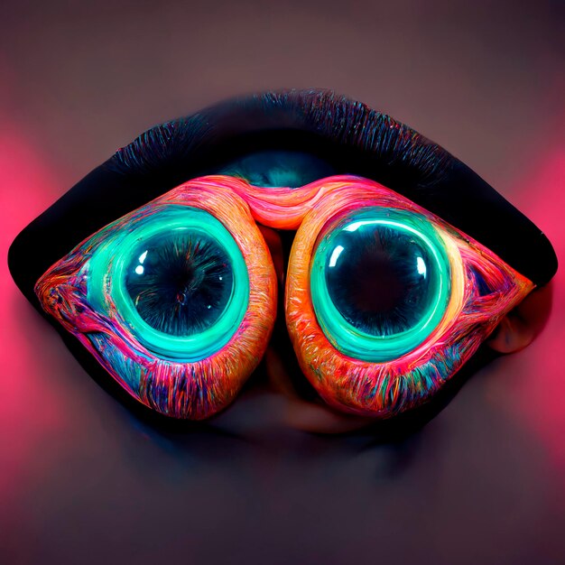 Illustrazione futuristica della doppia iride informatica in colori neon Occhio digitale psichedelico con forme fluide luminose