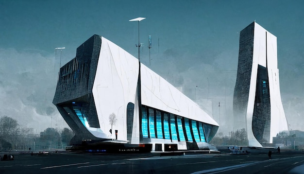 Illustrazione futuristica della pittura dell'edificio dell'aeroporto di Scifi