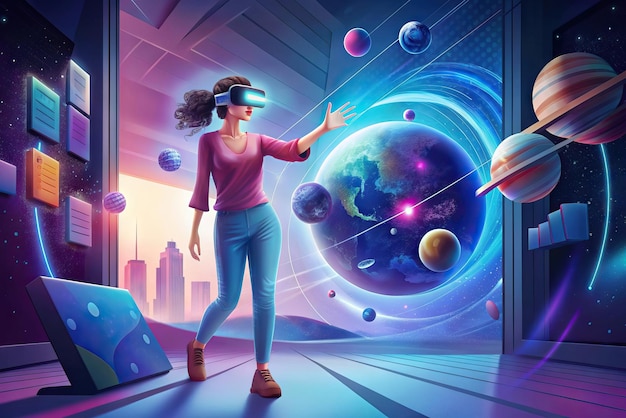 Illustrazione futuristica di una persona con occhiali di realtà virtuale e elementi sullo sfondo