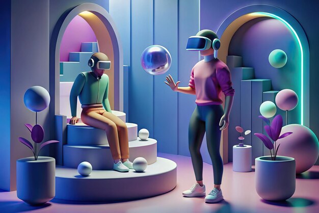 Illustrazione futuristica di una persona con occhiali di realtà virtuale e elementi sullo sfondo