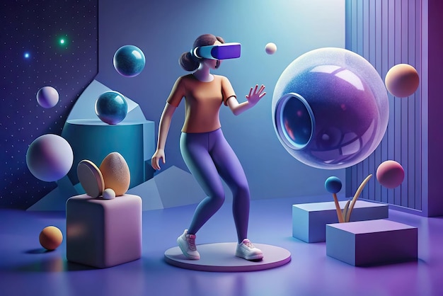 Illustrazione futuristica di una persona con occhiali di realtà virtuale e elementi sullo sfondo