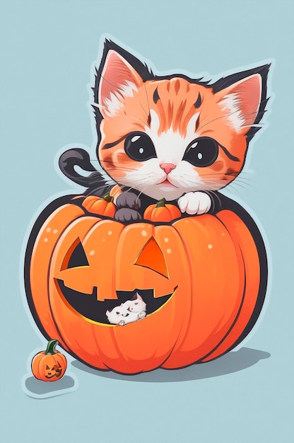 illustrazione Gattini Kawaii che giocano con una piccola zucca Halloween vista laterale adesivo