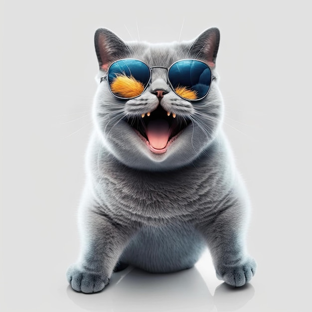 Illustrazione generata ai di un simpatico gatto che indossa occhiali da sole su sfondo bianco