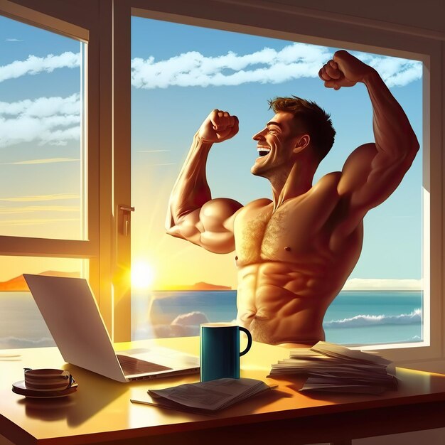 Illustrazione generata ai uomo che lavora alla scrivania del computer con vista sulla finestra della località balneare