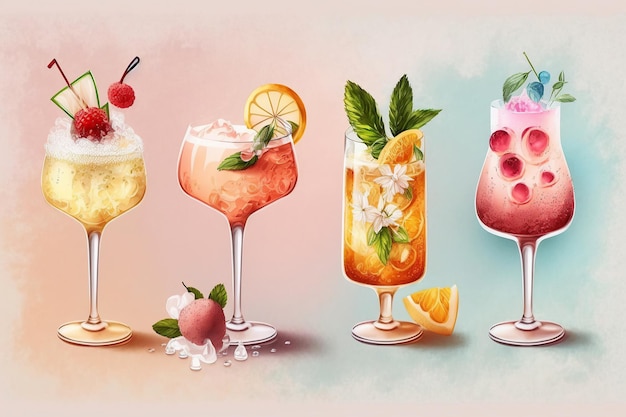 Illustrazione generata da Ai Cocktail assortiti su sfondo color pastello