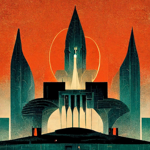 Illustrazione generata da Ai della futuristica città Ar Deco, immagine vintage, poster retrò